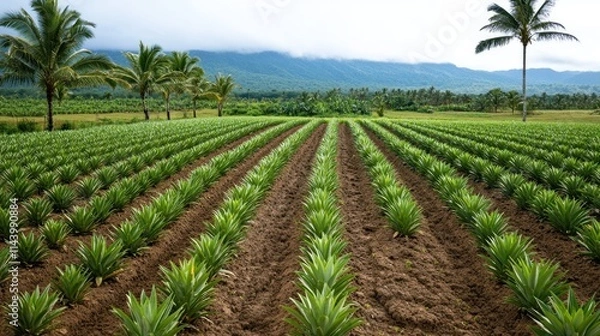 Fototapeta Lush rows of pineapple plants in a tropical field with palm trees and mountains in the background.