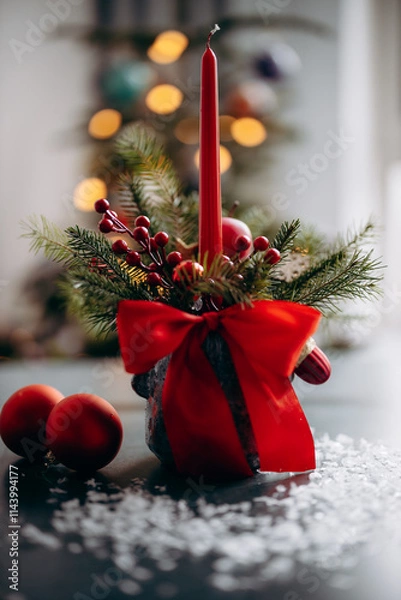 Obraz stroik świąteczny choinka czerwony, granat 