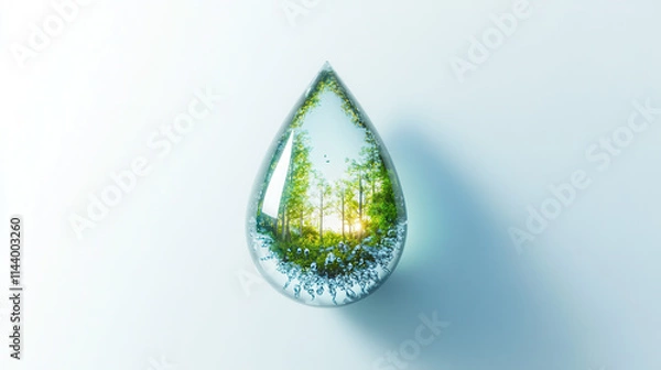 Obraz A crystal-clear dewdrop suspended mid-air, encapsulating a tiny glowing forest scene inside, surrounded by luminous emerald and silver liquid splashes frozen in time, isolated perfectly on a bright wh