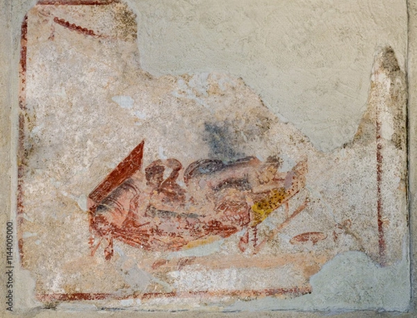 Fototapeta sex scene in ancient fresco in Pompeii in the Casa delle Lupanare. Pompeii was destroyed by the volcanic eruption of Vesuvius in 79 BC