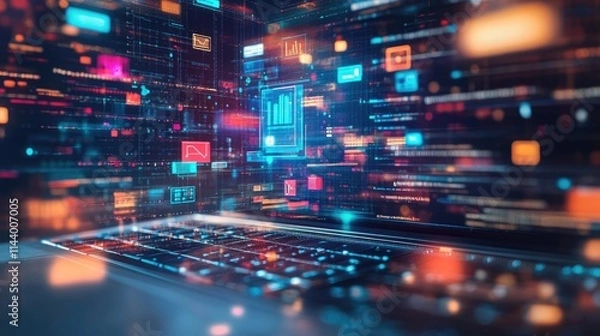 Fototapeta Abstract digital data stream visualized on laptop screen, showcasing technological innovation and complex information processing.