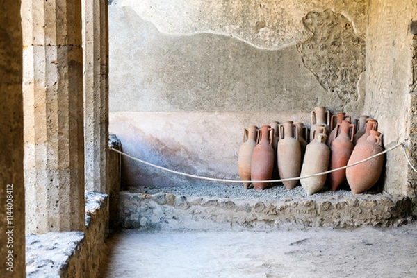 Fototapeta Ancient amphorae in a house in Pompeii Pompeii was destroyed by the volcanic eruption of Vesuvius in 79 BC