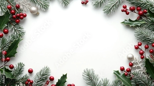 Fototapeta Festive Christmas Border Frame with Holly Berries, Pine Branches, and Silver Ornaments on White