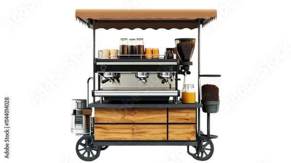 Obraz Mobile coffee cart with espresso machine and various beverages on display in a stylish urban setting.