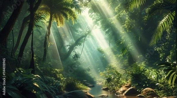 Obraz Dense Tropical Rainforest with Sunlight Penetrating the Canopy.