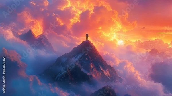 Obraz A lone figure stands atop a majestic mountain peak, amidst a vibrant sunset and clouds. Ideal for illustrating themes of achievement, ambition, and overcoming challenges.
