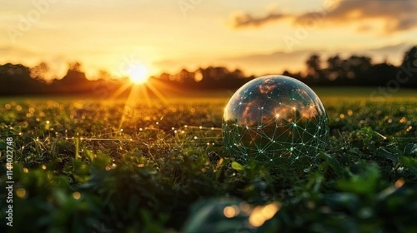 Fototapeta Digital Earth globe network connections green field symbolizing global reach technology agriculture where smart farming practices data-driven solutions are creating sustainable future