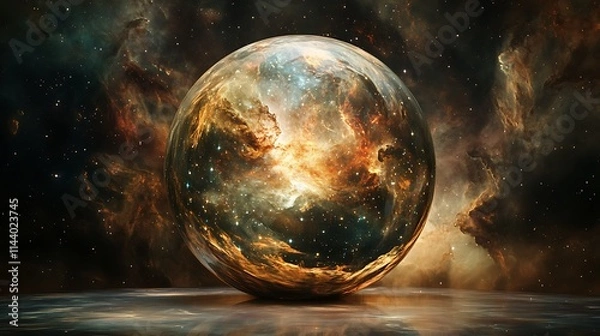 Fototapeta Cosmic sphere glows intensely in nebula backdrop 3D render fantasy-inspired. AI Generated