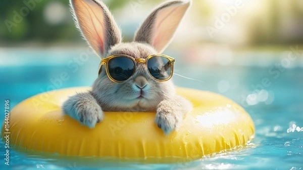 Obraz Easter bunny lounging on a yellow inflatable ring in the pool, sunglasses on, capturing summer vibes. Close-up view with space for vacation banners.