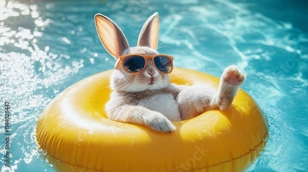 Fototapeta Easter bunny lounging on a yellow inflatable ring in the pool, sunglasses on, capturing summer vibes. Close-up view with space for vacation banners.