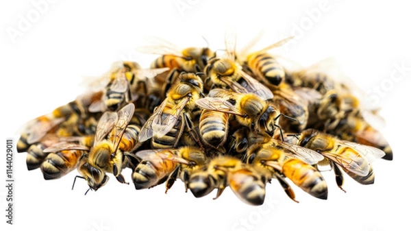Obraz A close-up view of a swarm of bees gathered together on a transparent background, showcasing their vibrant colors and intricate details.
