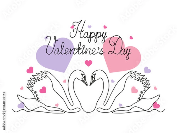 Fototapeta Happy Valentine's Day handwritten inscription, postcard with couple of swans loving birds.continuous single line art drawing sketch, logo