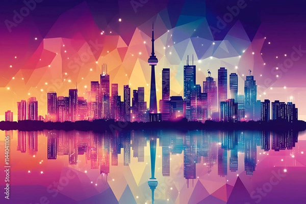 Fototapeta Flat Vector City Skyline at Night in Cartoon Style with Gradient Colors and Low-Poly Design