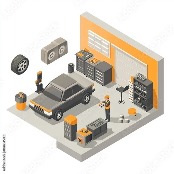 Obraz Isometric Infographic of Mechanic Repairing Car in Garage with Tools and Equipment