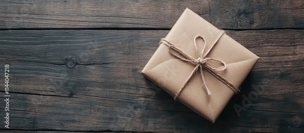 Fototapeta Gift box wrapped in brown paper with twine on rustic wooden floor ideal for holiday or special occasion greeting card design