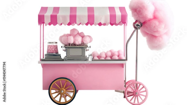Obraz A charming pink cotton candy cart with fluffy treats ready for a festive fair or carnival setting.