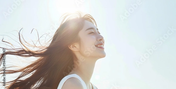 Fototapeta 美しいロングヘアがなびくアジア人女性　AI生成画像