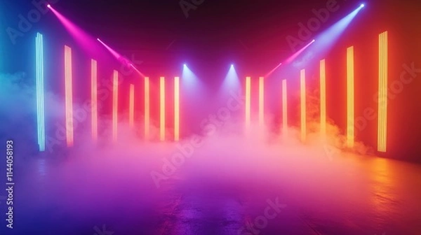 Obraz vibrant festival stage lit by colorful lights with smoke rising from floor no performers visible