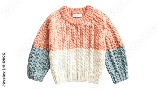 Obraz Colorful knitted sweater with cable patterns in pastel shades displayed on a transparent background.