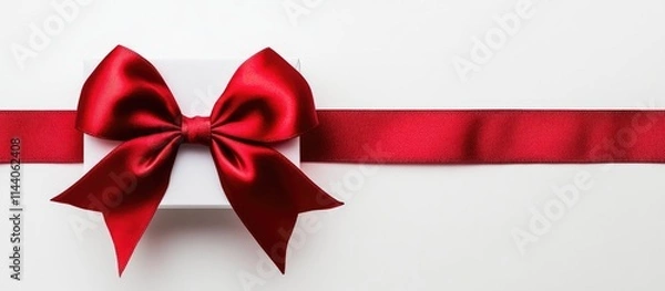Fototapeta Elegant white gift box with a large red satin bow and ribbon on a clean white backdrop symbolizing celebration and giving.