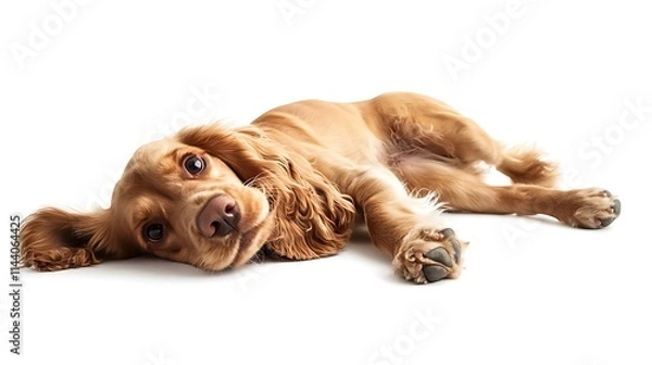 Fototapeta Relaxed tan dog lying down photo mockup close up. AI Generated