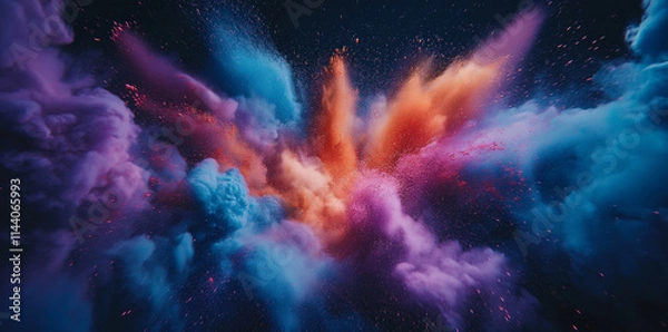 Fototapeta Vibrant Explosion Of Colorful Powder Clouds On A Black Background, Capturing Abstract Paint Dust In Motion