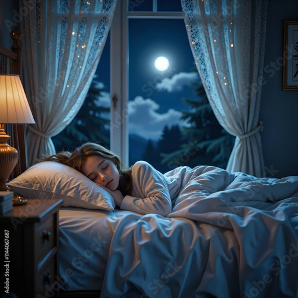 Fototapeta A peaceful night s sleep under the moonlight with soft draperies and a cozy atmosphere, digital painting of nighttime tranquility concept.