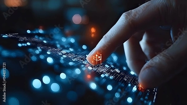 Fototapeta Big Data. neural network in digital form. A businesswoman's hand touching Introduction of artificial intelligence. The future of cyberspace. Science and innovation of technology