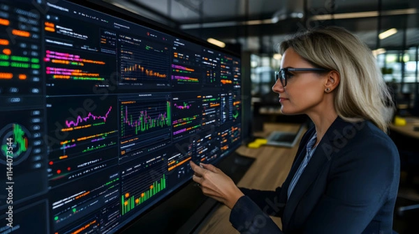 Fototapeta Big Data. neural network in digital form. A businesswoman's hand touching Introduction of artificial intelligence. The future of cyberspace. Science and innovation of technology