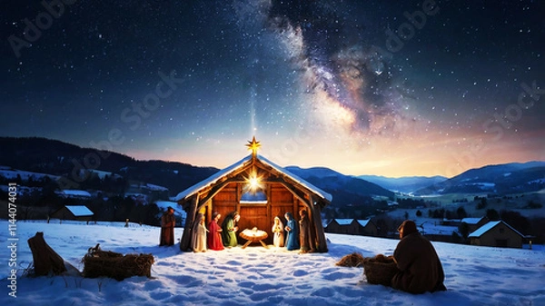 Obraz A serene Nativity scene under a star-studded night sky