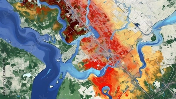 Fototapeta Detailed GIS Software Displaying Flood Risk Zones with Intricate Color Coded Overlays for Comprehensive Risk Analysis and Disaster Preparedness
