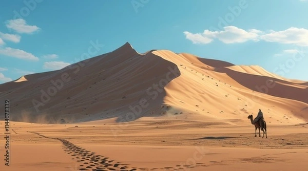 Obraz Vast Desert with High Sand Dunes, Clear Blue Sky, Camel Tracks.