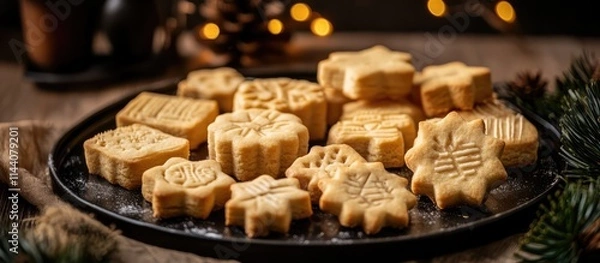 Fototapeta Homemade shortbread cookies in festive shapes on a decorative tray creating a warm and inviting baking atmosphere for children and families