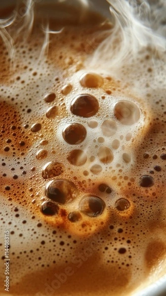Fototapeta close-up of a steaming coffee mug with foam art, cozy and inviting atmosphere, natural lighting, detailed and vibrant composition