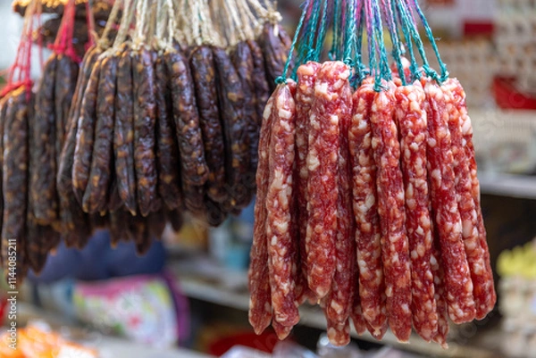 Fototapeta Dec 19 2024,Hong Kong.The Chinese sausage, commonly known as 'Lap Cheong' in Cantonese, is typically made from smoked, seasoned pork meat and fat 