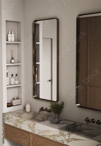 Fototapeta Side view of a modern style bathroom with a marble sink, metal faucets, a mirror, a vase with green leaves, a wooden tub, shelves with cosmetics, shampoos, soap