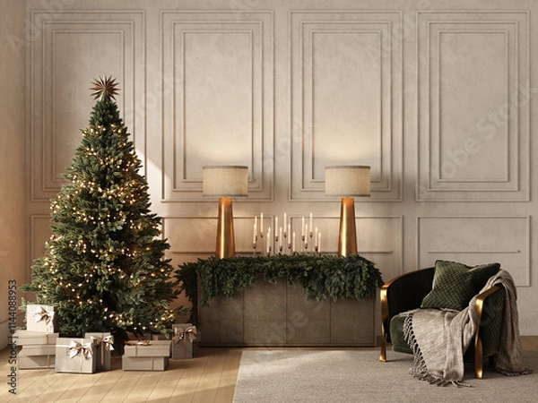 Fototapeta Classic living room is decorated with a Christmas tree with gifts, garlands, toys on the background of a wall with plaster molding, a chest of drawers, green and gold chair