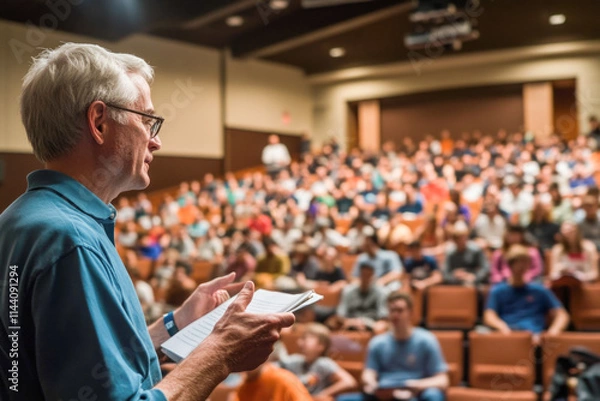 Fototapeta Elderly caucasian male professor lecturing to students in a university auditorium