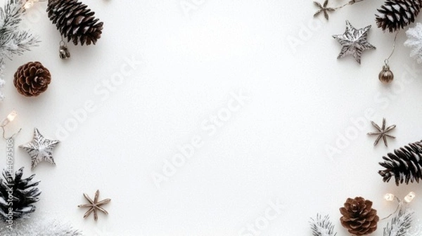 Fototapeta Festive Winter Border with Pine Cones, Stars, and Fairy Lights on White Background