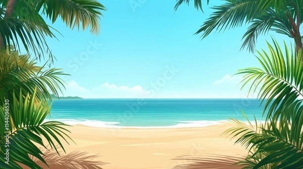 Fototapeta Beautiful beach with palm trees and clear blue sky. Summer vacation background banner.