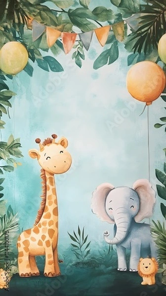 Fototapeta Cute giraffe and elephant in jungle setting with balloons and bunting.