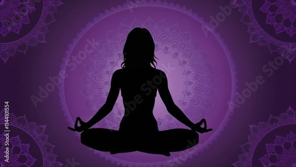 Fototapeta Silhouette of a Woman in Yoga Lotus Position: A Peaceful and Serene Depiction of Meditation, Mindfulness, and Inner Balance