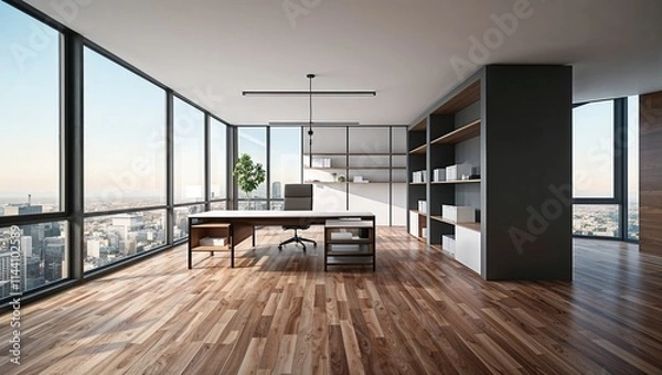 Fototapeta Spacious Modern Office with Large Windows: A Bright, Airy Workspace Featuring Contemporary Design, Natural Light, and an Open Layout