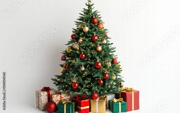 Fototapeta A vibrant green Christmas tree adorned with classic ornaments and large gift boxes wrapped in colorful paper placed below on a pure white backdrop