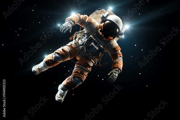 Fototapeta Astronaut floats in dark space, illuminated by spotlights.