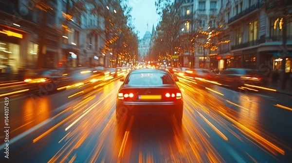 Fototapeta Blurred car light trails on a bustling city road at night, capturing the concept of dynamic transport and fast-paced, high-speed movement.