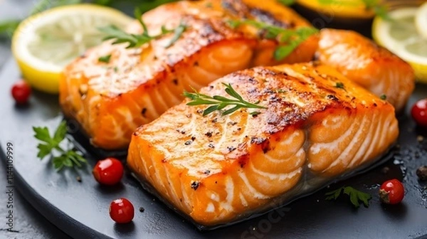 Fototapeta Grilled salmon glisteningly served on a dark platter close-up photo. AI Generated