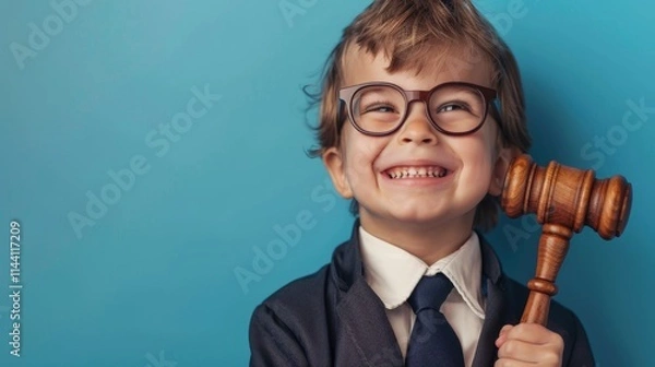 Fototapeta Smiling Child Dressed as Judge with Gavel Against Blue Background