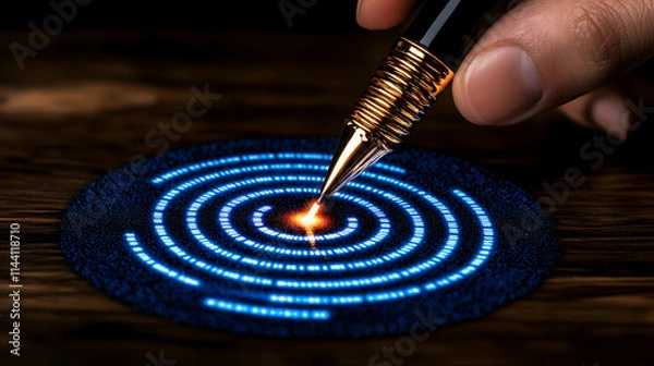 Fototapeta In a futuristic setting, a business professional displays a glowing blue digital target with an arrow in the middle, signifying accuracy, success, and business strategy.