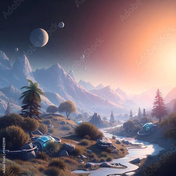 Fototapeta Futuristic sci-fi nature scene with a smooth gradient transition, seamless color blending, advanced technology elements, and space elements.jpg